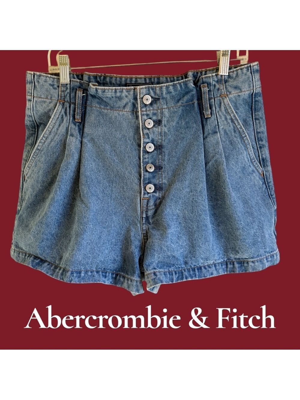 Abercrombie & Fitch Button-Front Paper bag High-Waist Denim Shorts. Size 14. EUC